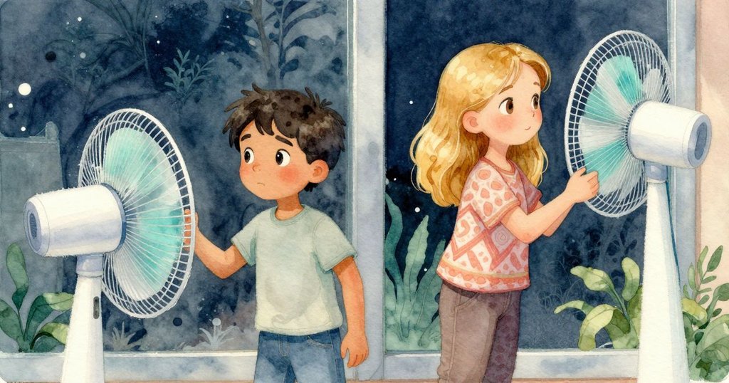 Idris與Winona透過玻璃門看到啟動中的吹風機與自己倒影, 畫面充滿驚喜與靜謐氛圍