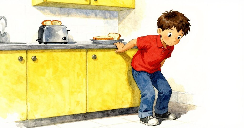 Cyrus 在傾斜角度廚房準備早餐，烤麵包機內半露麵包，窗外晨光透入，充滿好奇與忙碌感。