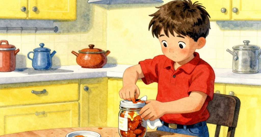 Cyrus 在廚房中專注地旋轉果醬瓶蓋，摺疊餐巾緊握手中，黏膩挑戰象徵著新一天的開始。