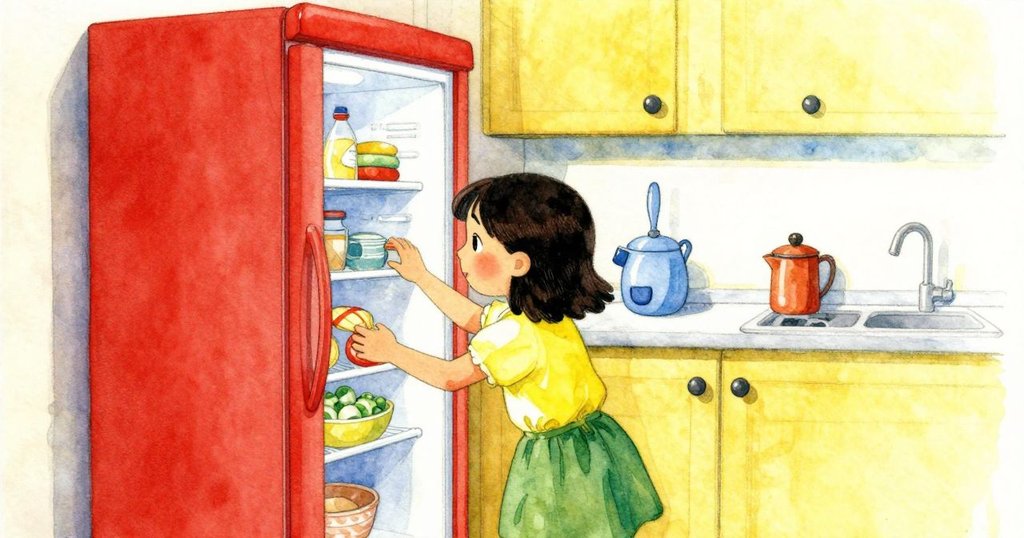 Lily 在帶有回憶色調的廚房中伸手進入冰箱尋找優格，背景柔和，神情專注且充滿淡淡懷舊。