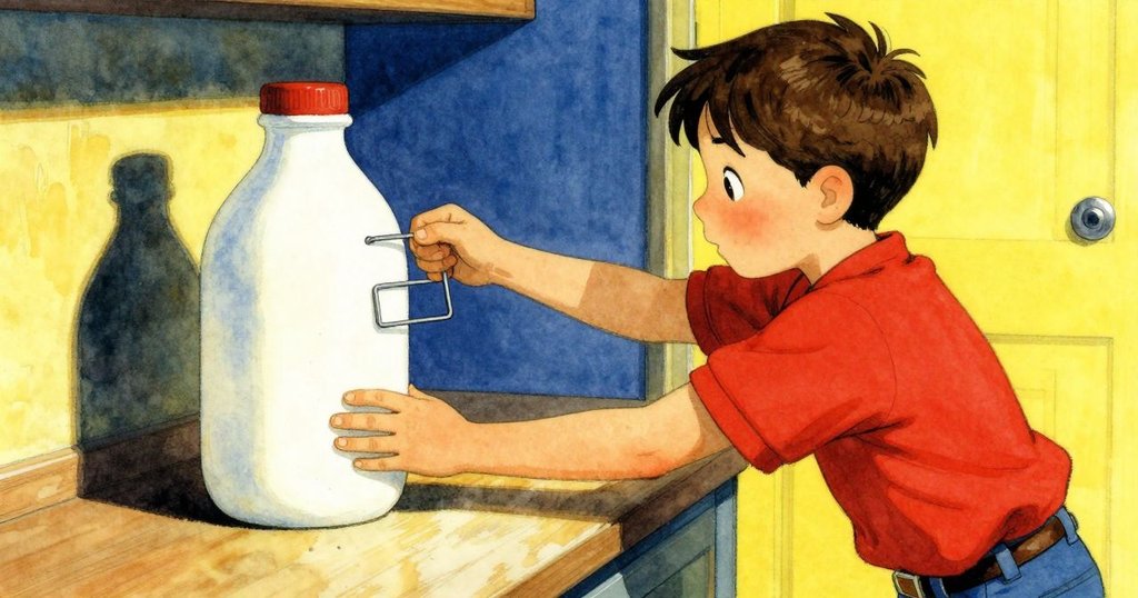 Cyrus 迅速出手，用線狀餐巾夾阻止牛奶瓶滑動，手部動作果斷，背景早餐用具營造出忙亂氛圍。