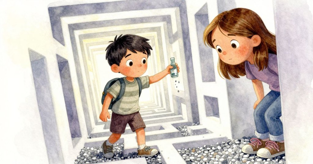 Max 正走進有銀灰色鵝卵石的走廊, Harriet 在旁陪伴, 氣氛中蘊含冒險開始的興奮與期待。