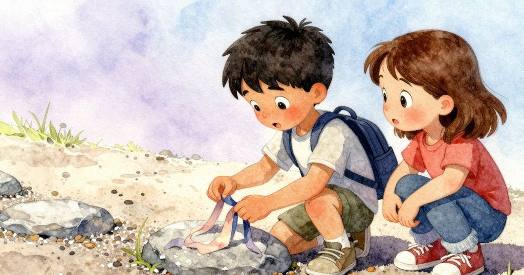 Max 仔細觀察褪色紅帶與壓印在路上的灰色石頭, Harriet 好奇觀看, 對比明暗色彩營造懸念。