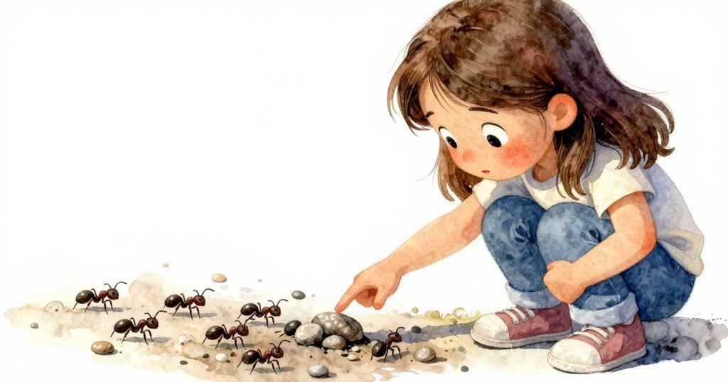 Harriet 蹲下指向由螞蟻改變排列的卵石, 從背後看見她驚訝神情, 突顯細節變化。