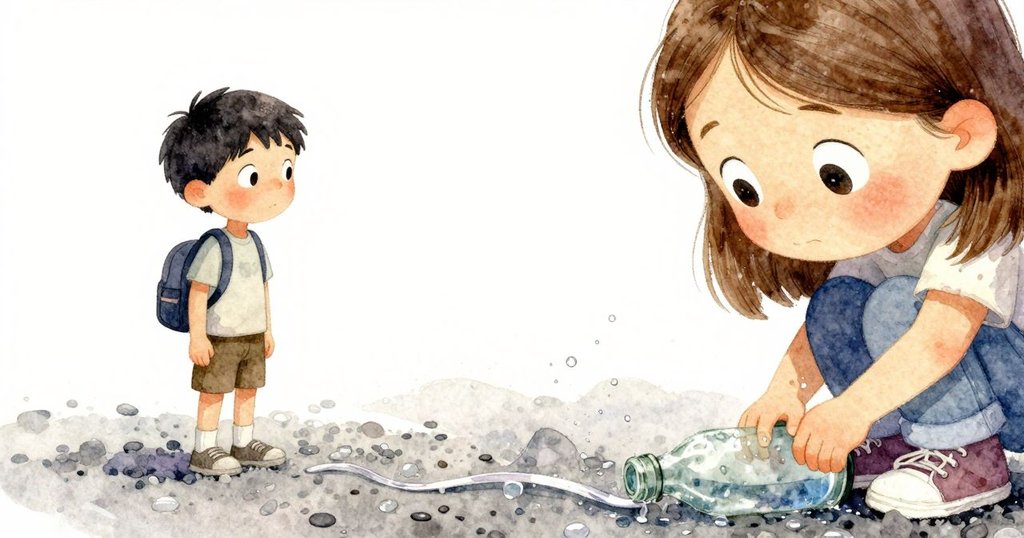 瓶子在灰色鵝卵石上滴露出水珠, 映出溫暖光影, 呈現回憶中的細膩場景變化。