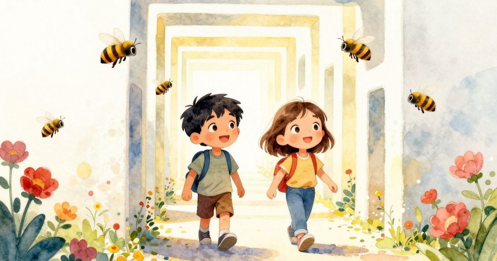 Max 與 Harriet 一起沿涼爽走廊前行, 陽光透過樹籬, 蜜蜂繞花飛舞, 展現歡欣與同心。