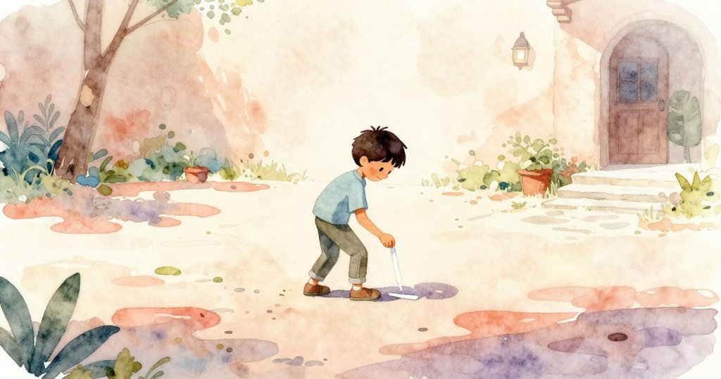 伊德里斯在庭院中用粉筆在石板上作記號,陽光明媚,周圍有花草與樹影,展現探索起始