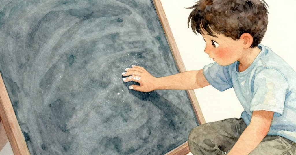 伊德里斯的手仔細在粗糙石板上揮灑粉筆,粉塵旋舞,細緻紋理展現科學探索初現