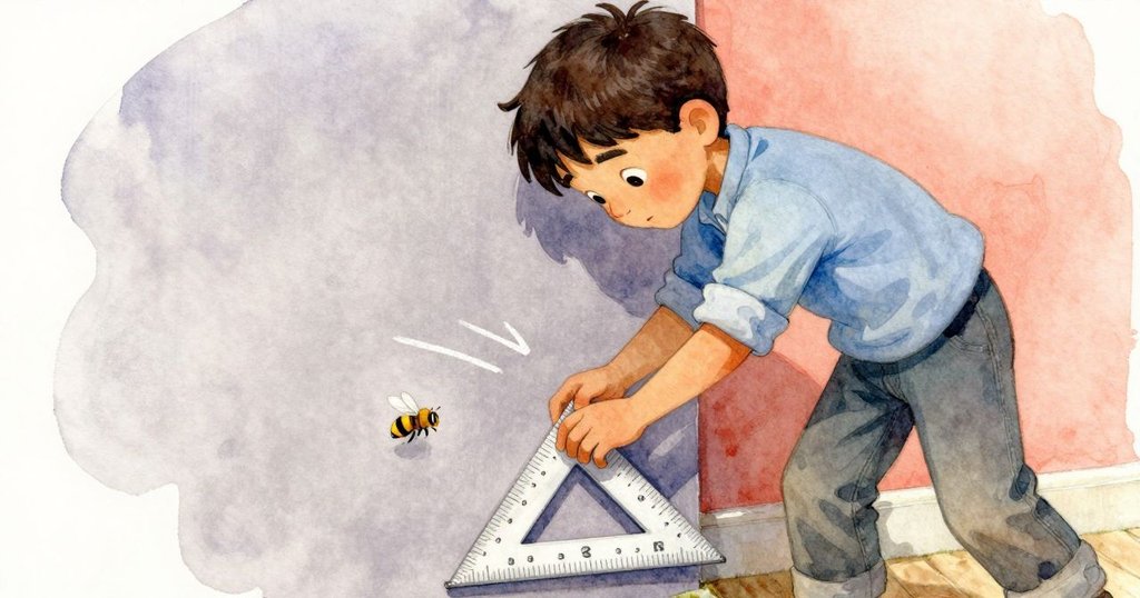 伊德里斯俯身調整量角器鬆動銅鉸,蜜蜂在花旁飛舞,粉筆線條與風中搖曳景象生動