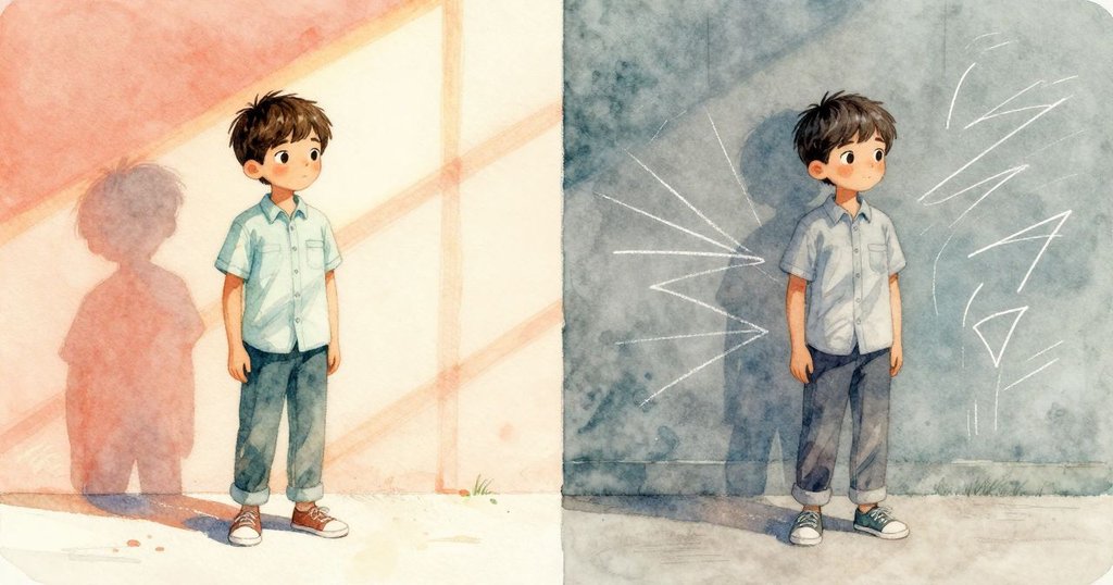 伊德里斯面對分割場景,一邊是理想粉筆圖,一邊是自然描繪,神情沉思,對比中流露淡淡感慨