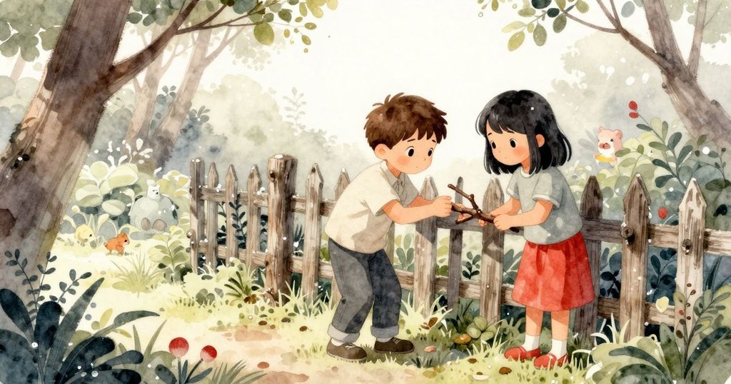 格蘭特與尤尼蒂在花園中忙碌，站在舊籬笆旁協作準備工具，周圍有知更鳥和小動物，情緒活躍