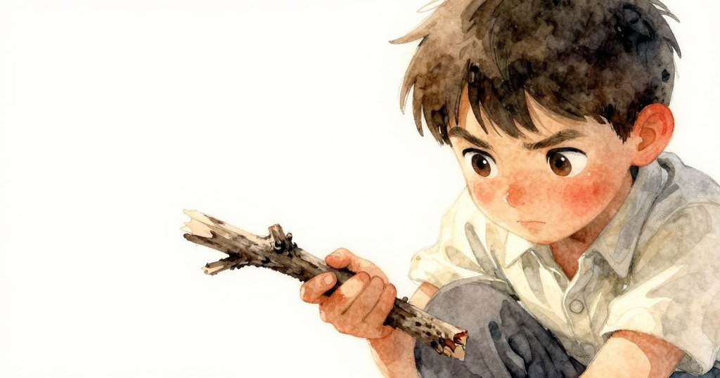 格蘭特專注凝視粗糙樹枝，眼神堅定，柔和晨光映照，展現自信與細緻觀察