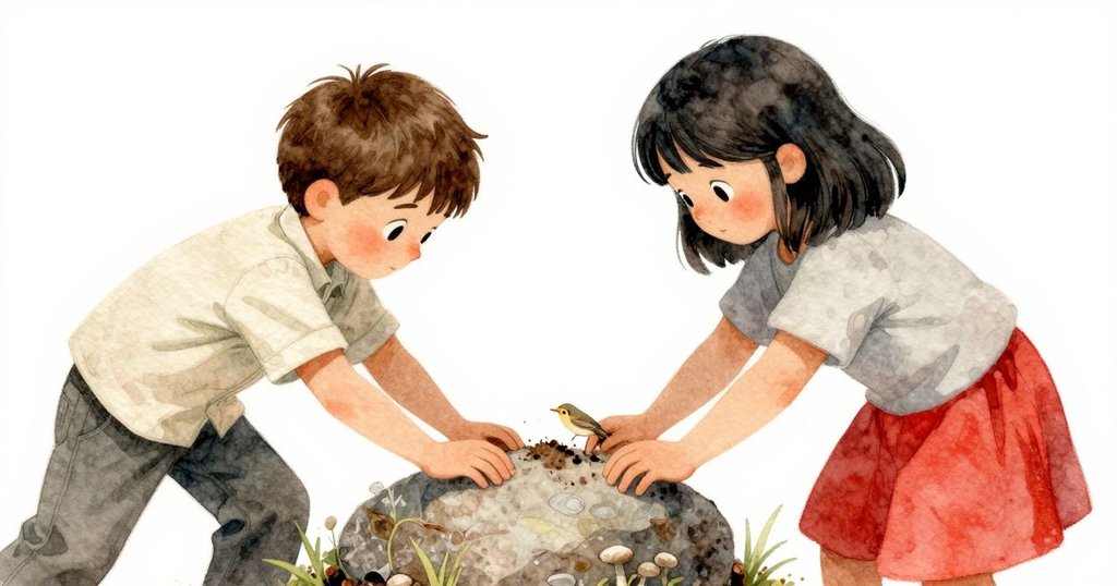 從知更鳥視角看見樹枝敲擊石頭，隱藏蘑菇開始冒出，露天環境中泥土與石子清晰呈現