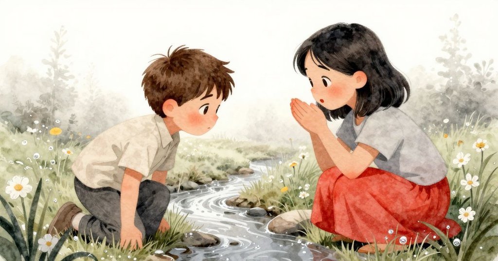 小溪輕吟於花間，露水在泥土上閃爍，背景呈現柔和晨光與輕風拂動樹枝，氛圍靜謐