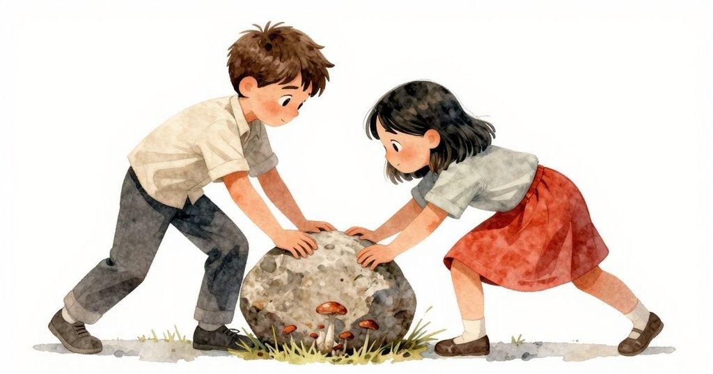 格蘭特與尤尼蒂齊心協力推動樹枝與石頭，蘑菇節奏敲擊樹枝，水壺旁銀色水滴灑落，場景充滿活力