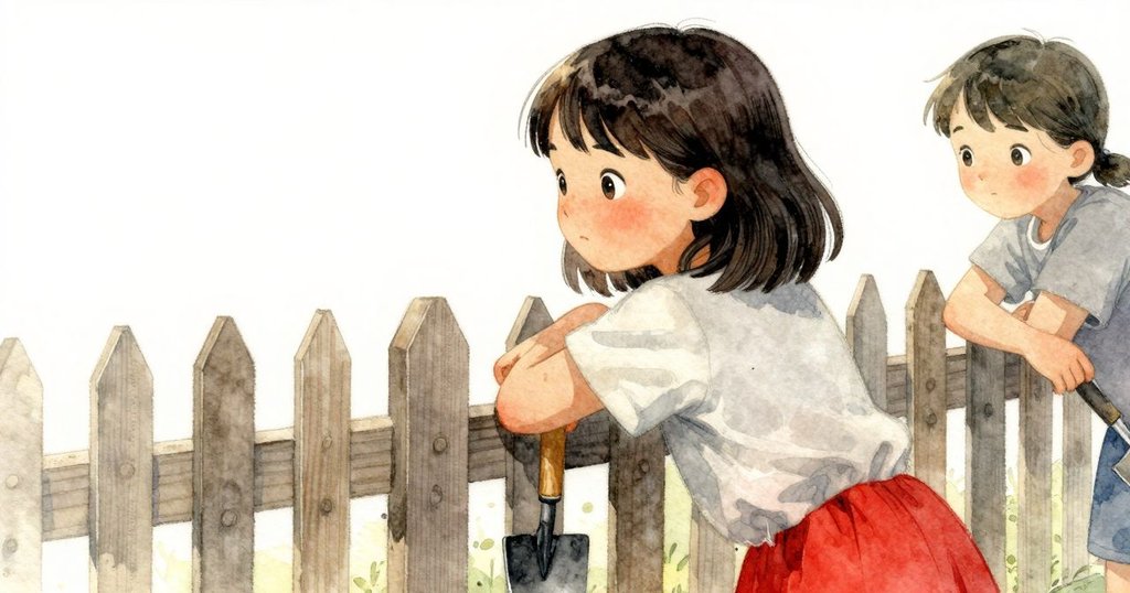 尤尼蒂坐在籬笆旁安靜休息，微笑中帶有滿足，工具散落在一旁，落日餘暉柔和照亮大地，結局平和