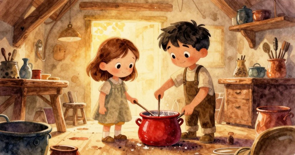 Esme 正在紅鍋中浸入棉燭芯,Max 靜靜旁觀,工作室溫暖,充滿蜂蠟與香草氣息