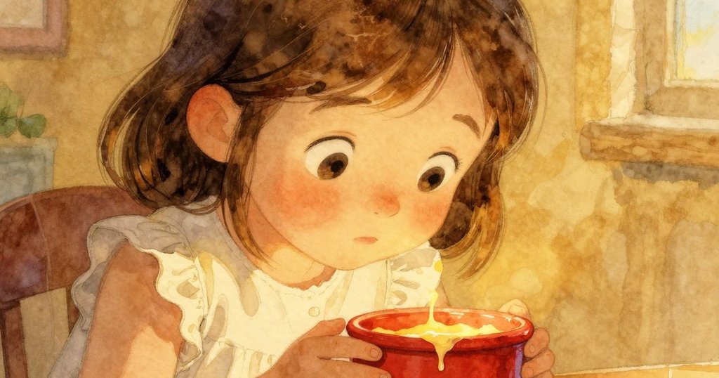 Esme 專注凝視紅鍋中緩滴的蠟滴,臉上流露出驚奇與認真,細膩呈現溫暖室內氛圍