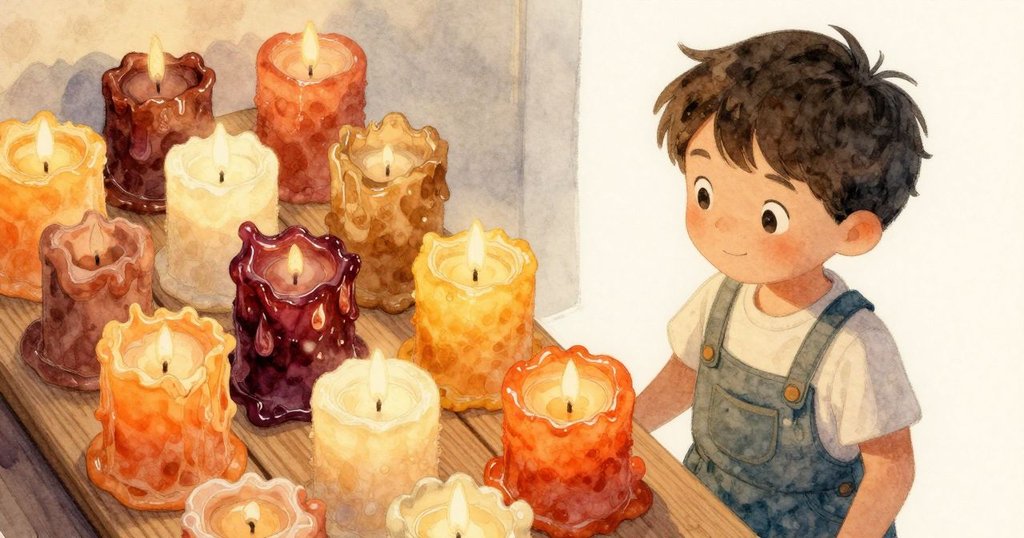 Max 從高處俯視蠟燭冷卻板,仔細檢視層疊蠟滴的圓形圖案,室內景色溫暖而有序