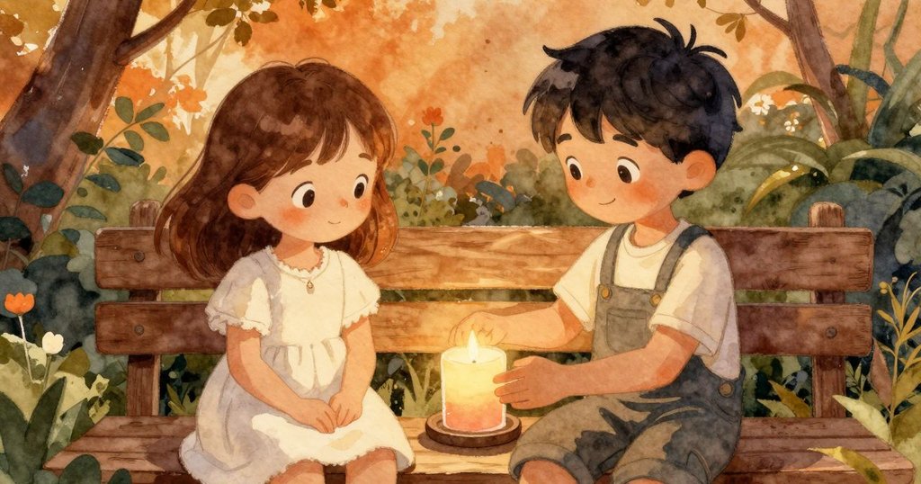 Esme 與 Max 將蠟燭放置戶外木椅上調整,享受自然陽光和微風吹拂,心情輕鬆,場景轉換順暢