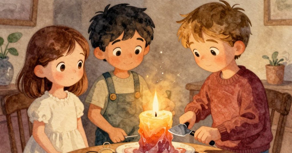 Yves 用刀切開層次分明的蠟燭,發出柔和嗤聲,Esme 與 Max 露出滿足神情,全場氛圍溫暖而圓滿