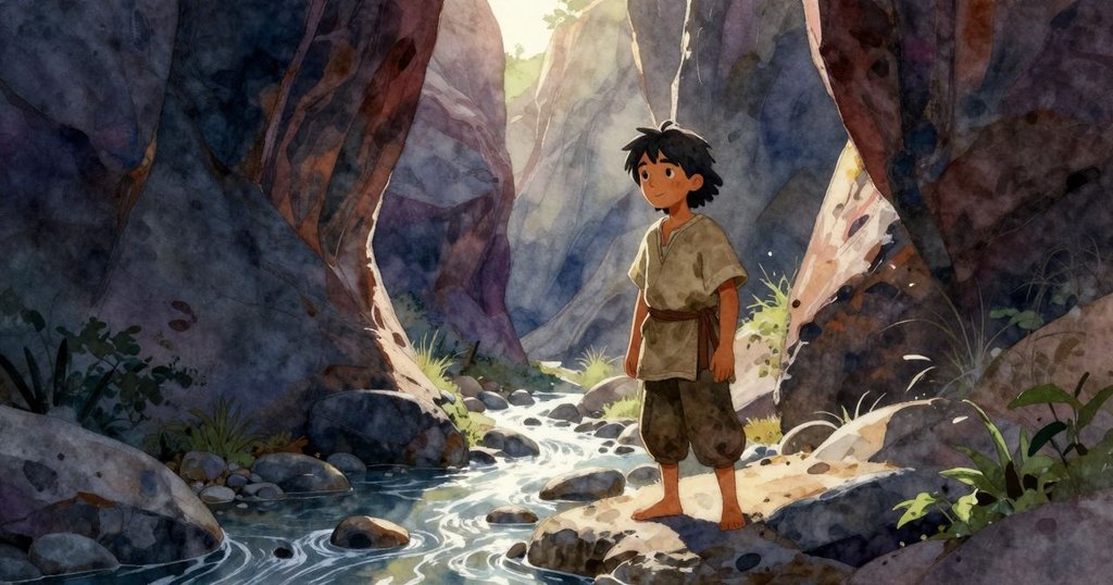 利安德站在狹窄峽谷中，面對自天空落下的光芒，周圍石子與溪流呼應自然情景，流露期待與專注