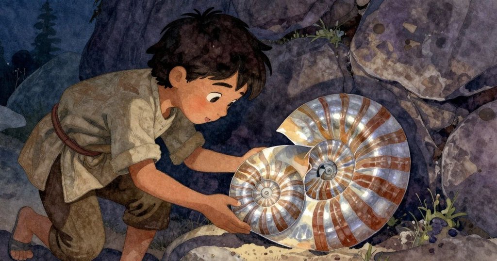 利安德蹲下細看砂岩上發光的螺旋化石，手觸古老石紋，呈現對歷史痕跡的探究與驚奇