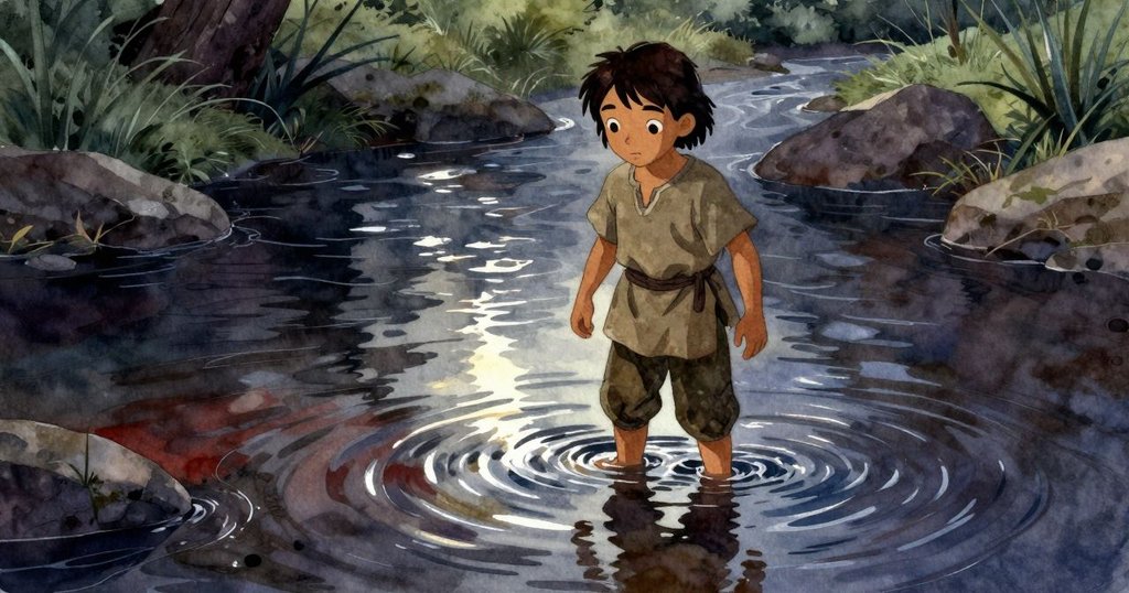 利安德站在溪水中，腳踝淺水映出溫柔光芒，眼神中流露出對自然奇景的驚喜與沉思