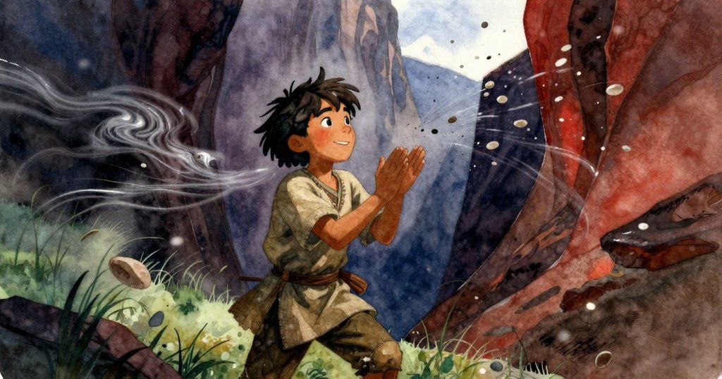 利安德於峽谷中用力拍手，迎來陣陣強風，石子四散飛揚，現出充滿力量與變動的景致