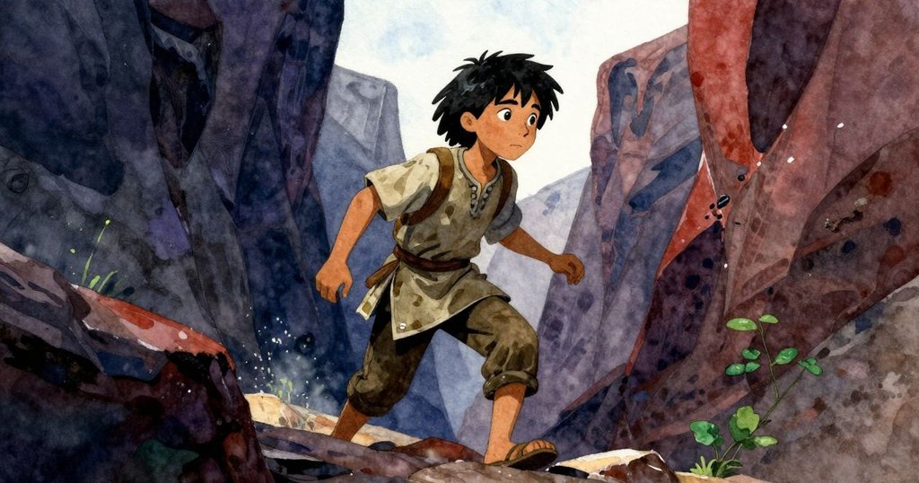 利安德深吸氣後小心跨步，肩部一側明亮一側陰影交織，表情專注期待陣陣迴音浮現