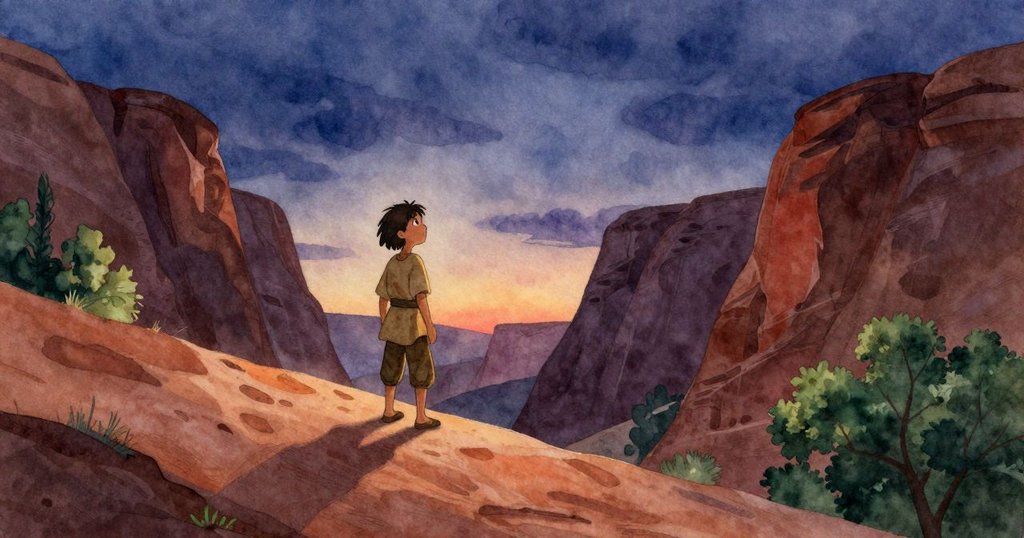 利安德於夕陽餘暉中緩緩起身，臉上展現平靜微笑，化石石縫中細塵閃爍，象徵探索後的溫暖收穫