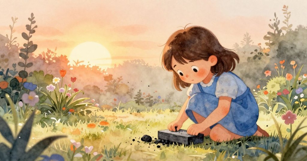 莉莉在薄霧中觀察石磨上的木炭點，背景有帆布遮陽棚和庭院，充滿好奇與溫暖氛圍