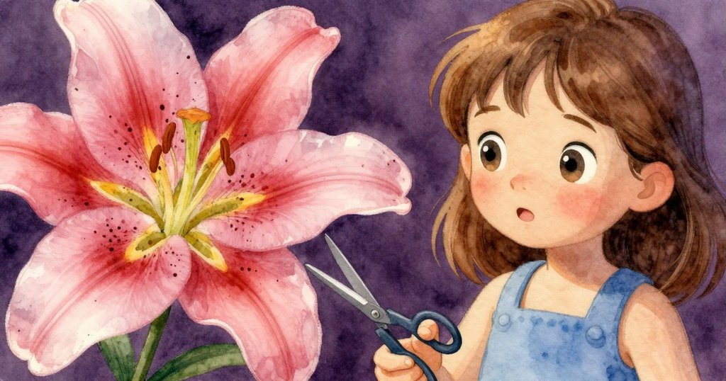 莉莉伸出手拿著剪刀仔細檢視石磨表面的炭點，細節豐富、質感突出，光線柔和