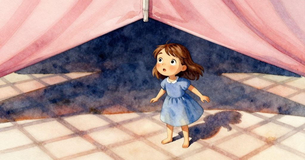 莉莉在帆布遮陽棚下調整動作，背景呈現柔和變形的鏡頭效果和交錯光影，充滿夢幻感