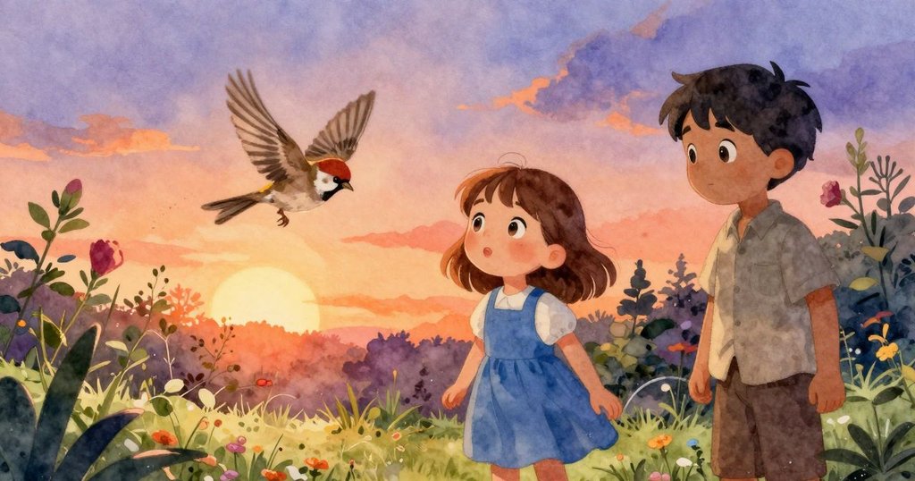 莉莉移步撿拾滾動的勺子，布拉姆穩住懸掛工具，花園邊界中有雀鳥飛過，場景充滿生動交錯