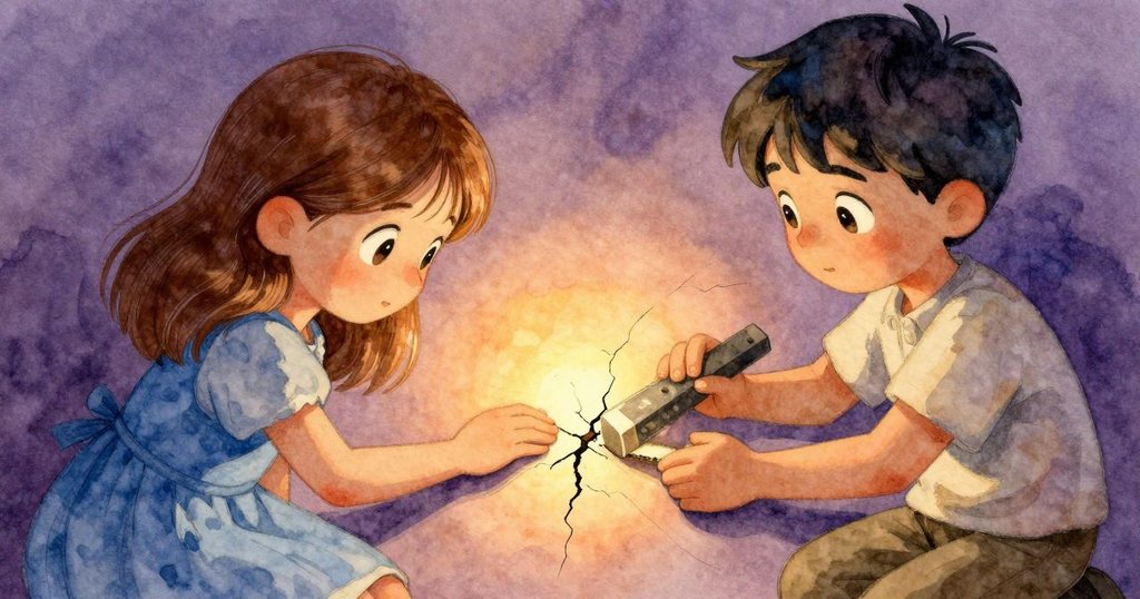 莉莉專注觸碰石磨，發現細微裂痕，布拉姆旁的剪刀靜止，畫面在瞬間凝固，展現轉捩點