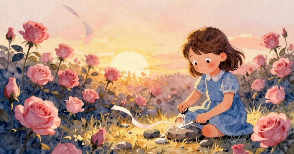 莉莉用漿狀物與剪刀仔細打磨石頭邊緣，飄動紙條與夕陽映照下寓意轉變，情感溫暖且富有詩意