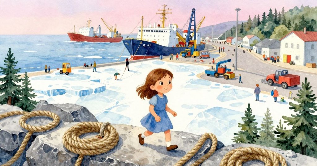 Hazel在繁忙的裝卸區中前行，背景有船隻與工作人員，繩索和網簾映襯著晨光，動態展現忙碌與溫暖。