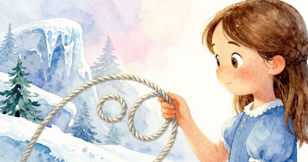 Hazel專注觸摸繩索精細的圈圈，手指輕撫著圖案，臉上展現專注神情，背景呈現石板與網影。