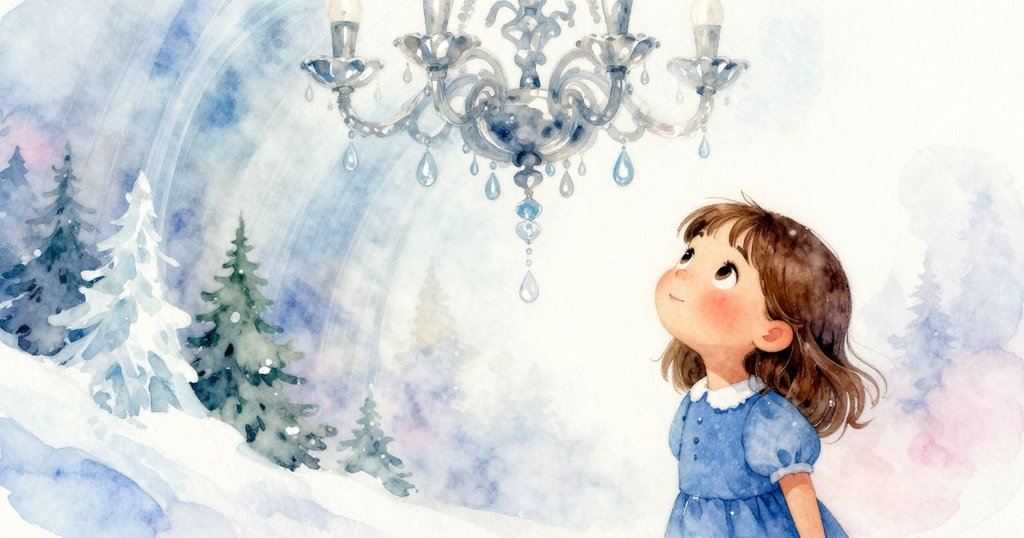 Hazel仰望著如吊燈般懸浮的水滴，透過變形視角呈現神秘美感，背景石板與木架映襯出柔和晨光。