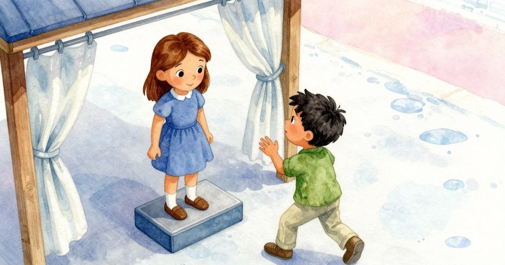 高處俯瞰裝卸站，Hollis推動裝螃蟹的藍盆，Hazel在旁注視，木質架構和網簾下晨光流轉。