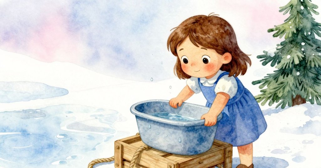 最後Hazel穩心將藍盆安置於板箱上，繩圈和水滴靜止，晨光映襯出工作的圓滿完成與寧靜感。