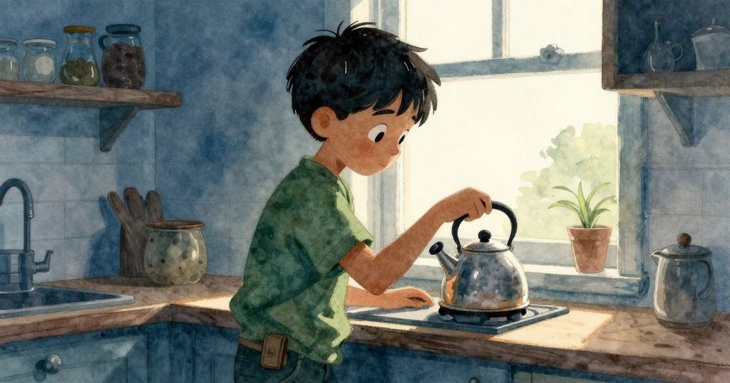 Hector立於大窗旁輕觸鍋柄,室內溫暖與窗外冷光交融,神情平靜專注