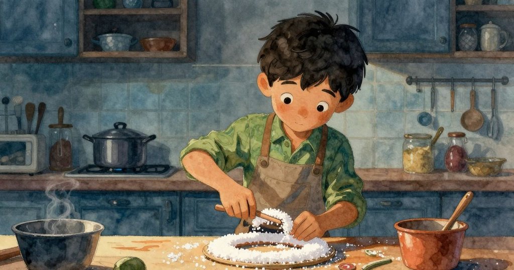 Hector在懷舊色調中輕刮湯匙上硬化糖痕,溫暖光影映出熟悉廚房細節,神情專注沉思