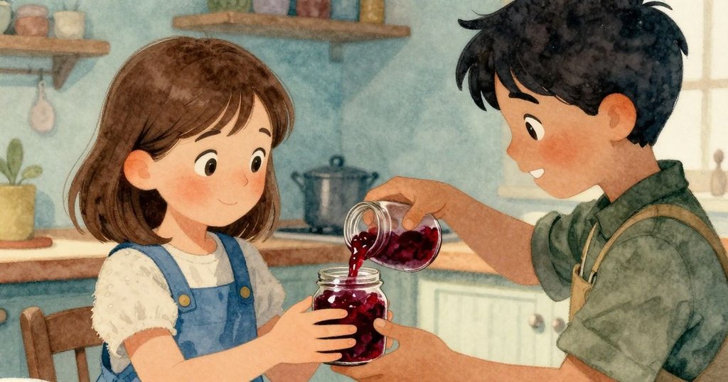 Ella溫柔遞出暖瓶,Hector細心倒入濃稠紅醬,廚房近拍傳遞合作與成就感的溫馨時刻