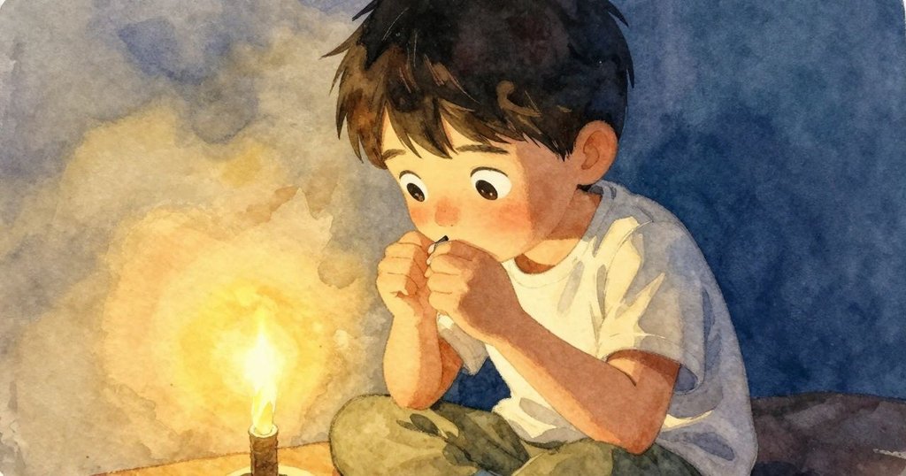 贊德仔細嗅聞檀香棒附近，臉上表情專注，溫暖燈光映襯下顯得沉思