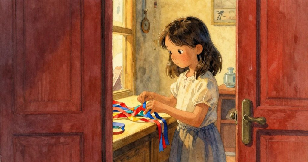 透過半掩門縫觀察，烏瑪在琥珀燈光臺前比對緞帶，神情專注而平靜