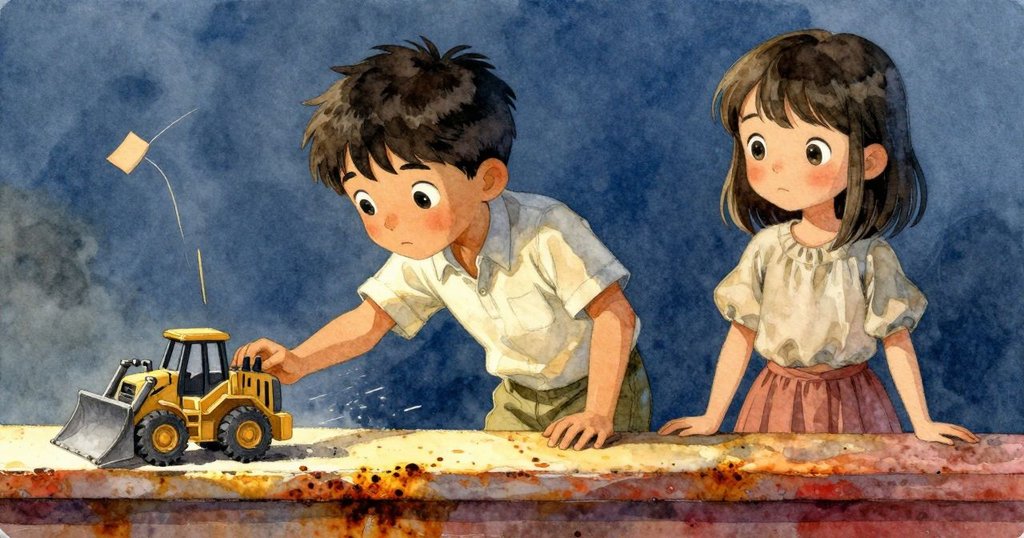 紙標因熱流下垂推動小推土機形狀玩具滾向陶瓷盤，櫃台上顯示出溫暖而活潑細節