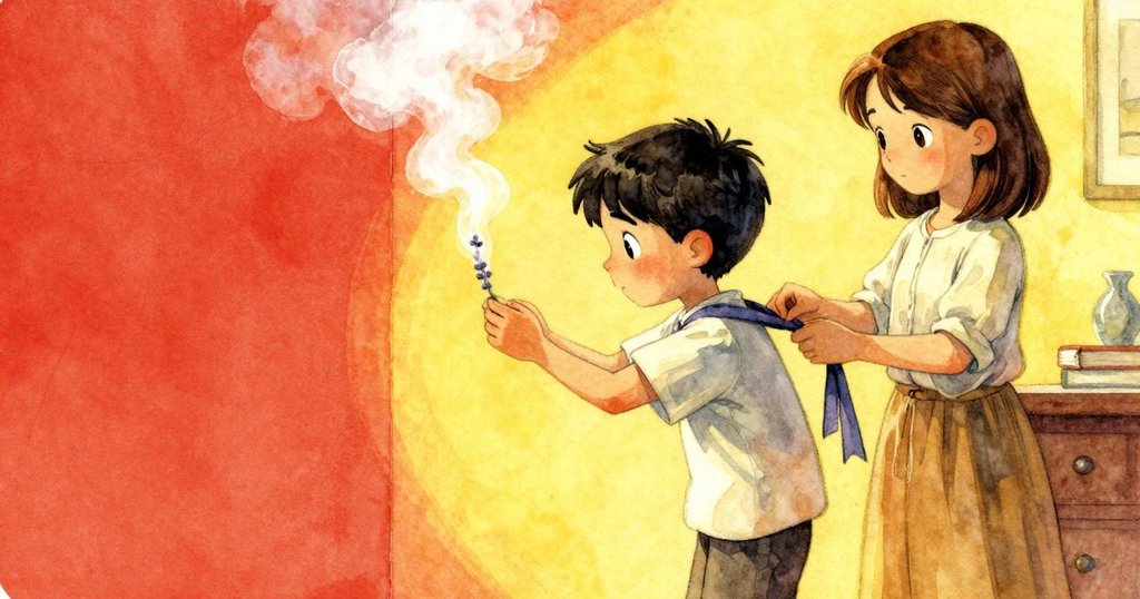 烏瑪優雅綁緞帶，贊德靠近觀察薰衣草棒煙霧分成雙柱，現場溫暖動人