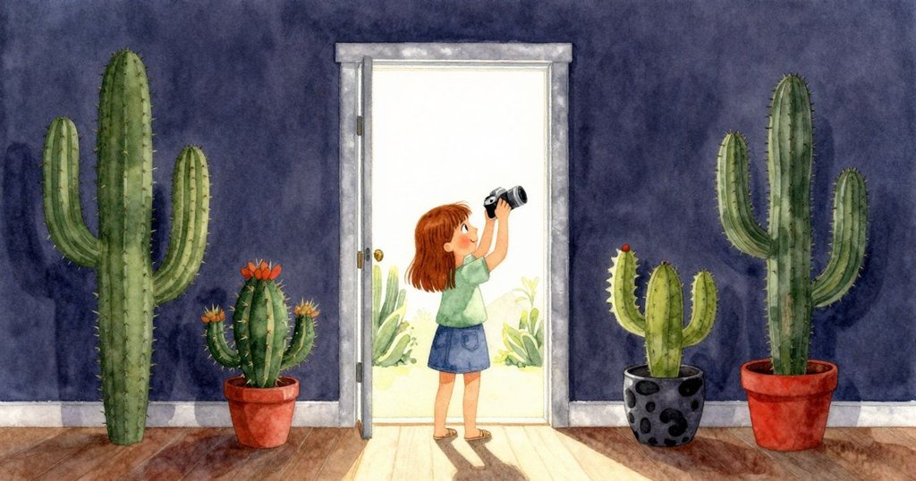 Hazel站在仙人掌房門口舉起相機捕捉晨光，背景呈現陶罐與石塊，神情專注，空間充滿溫暖明亮氛圍